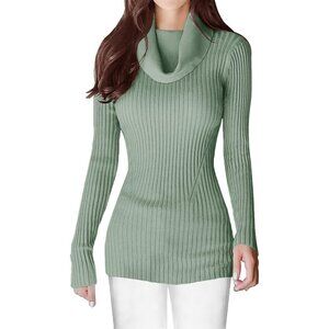 Women’s Cowl Neck Light Green Stretchable Knit Long Sleeve Bodycon Sexy Sweater
